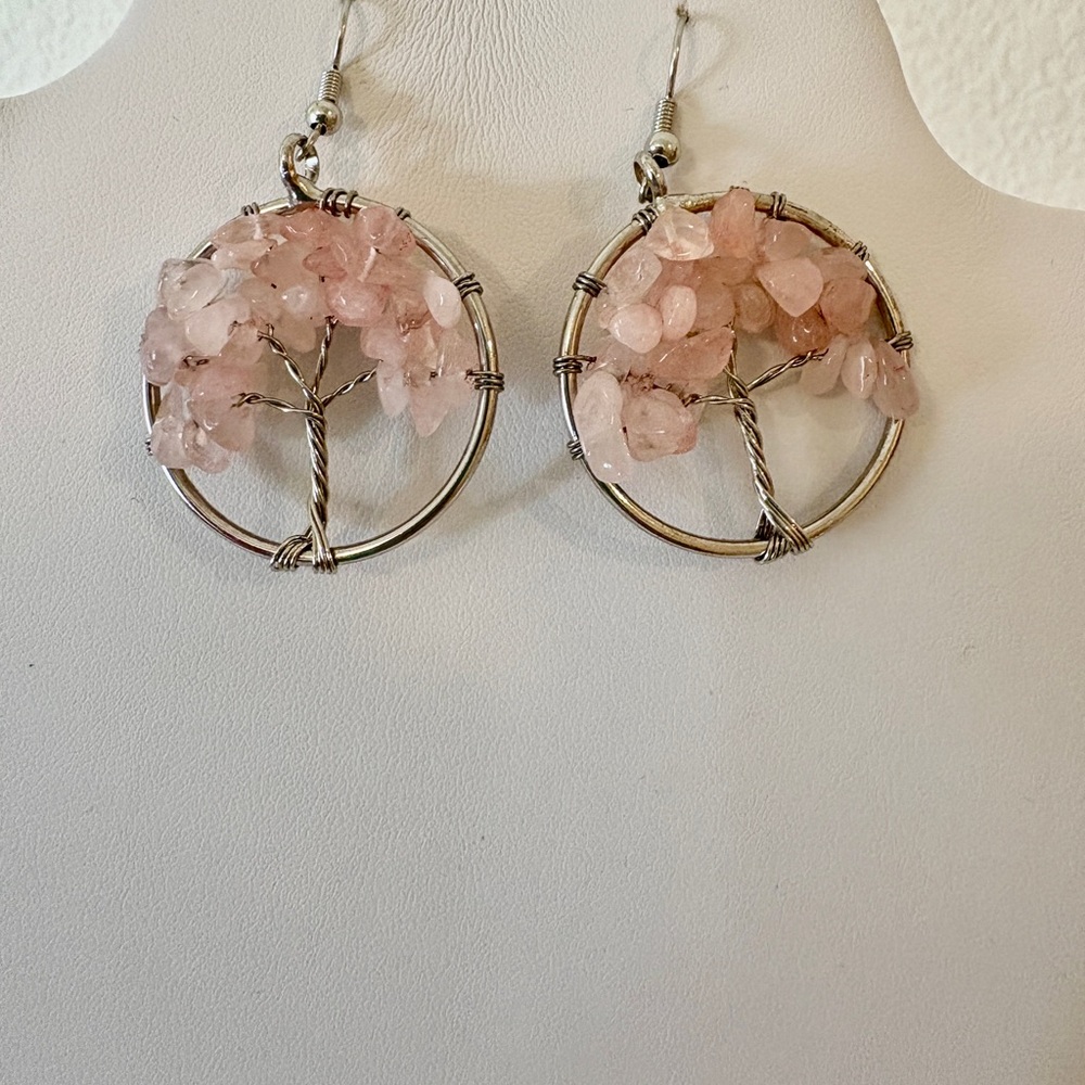 Pink Stone Earrings with Silver Wire Design Into a Tree Handmade - Picture 2 of 2
